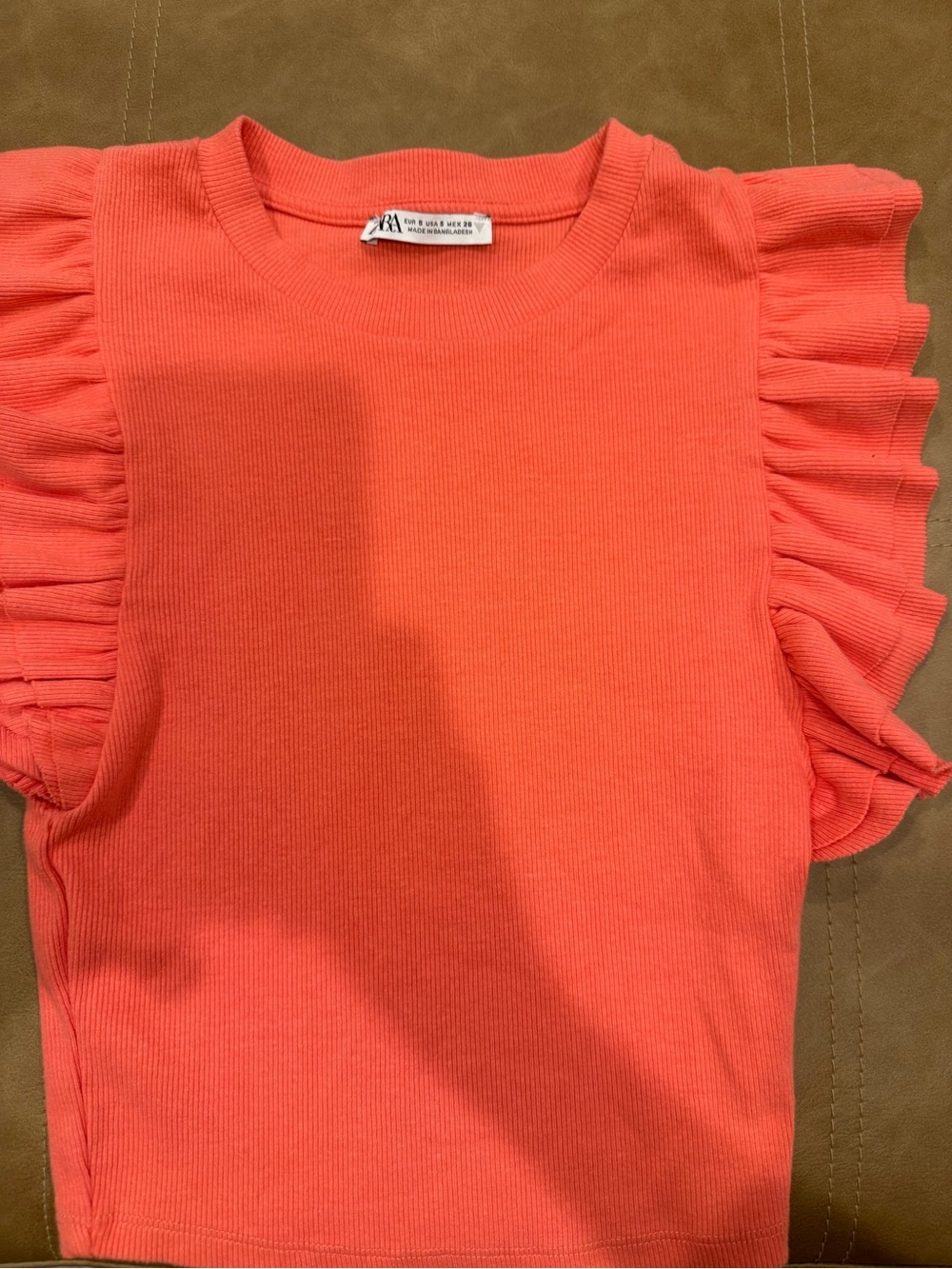 ZARA Coral Ruffle-Sleeve Ribbed Crewneck Sweater